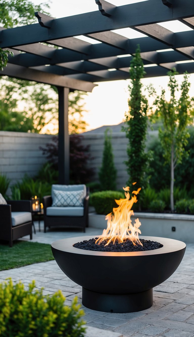 A fire pit surrounded by landscaped greenery, with a pergola overhead providing shade in a backyard setting