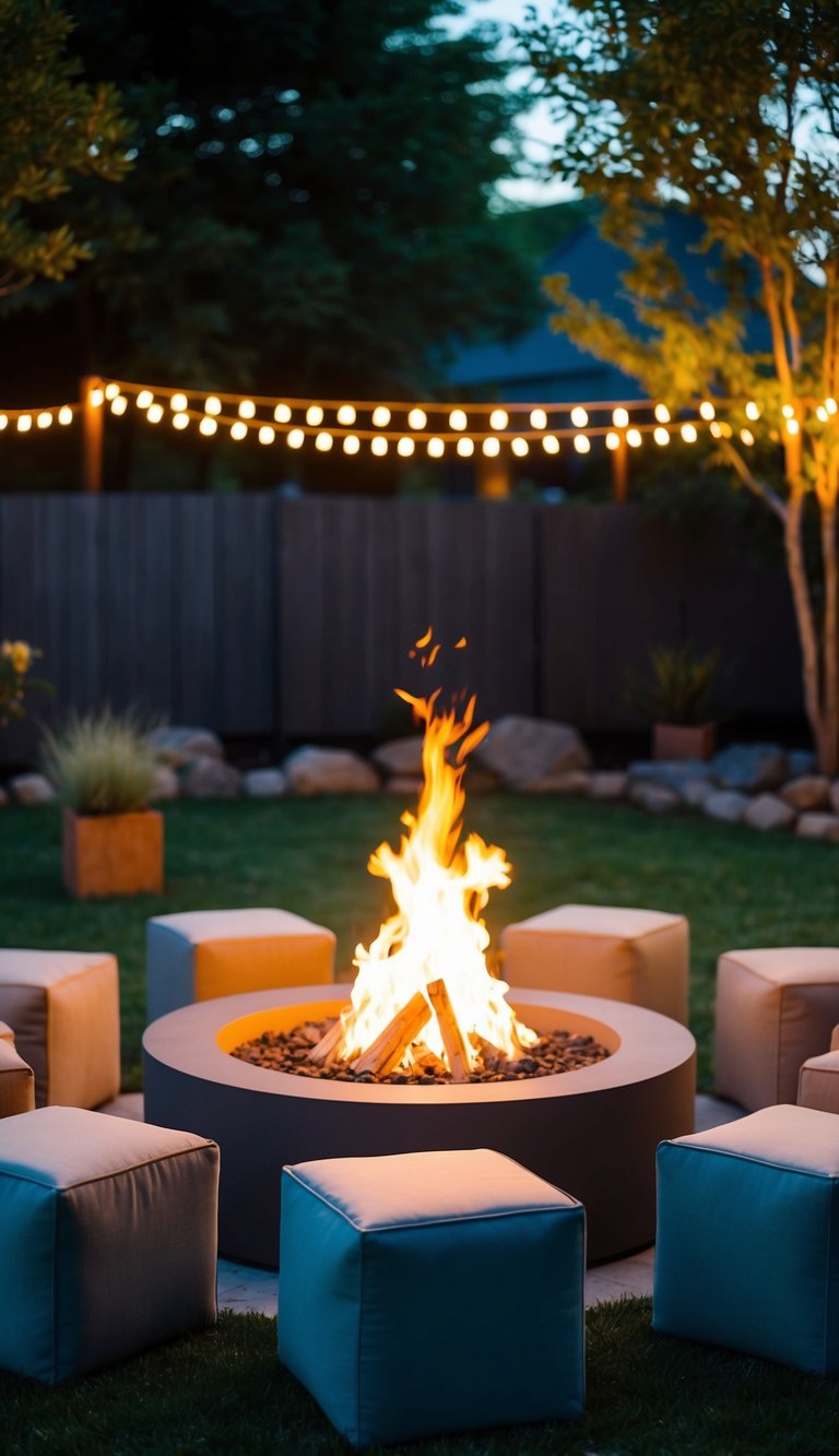 A cozy backyard fire pit surrounded by built-in cube stools, with soft ambient lighting, creating a warm and inviting atmosphere