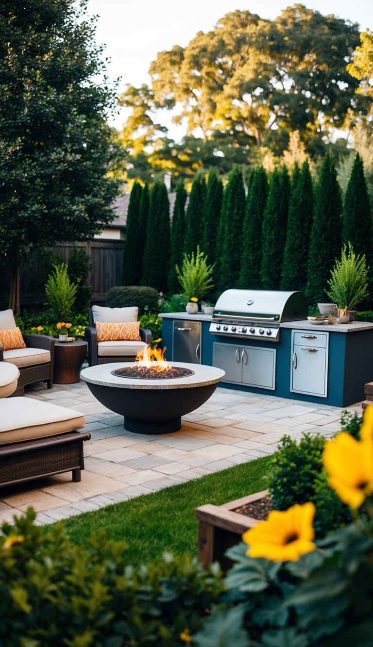 A cozy backyard with a built-in grill and fire pit combo surrounded by lush landscaping and seating areas