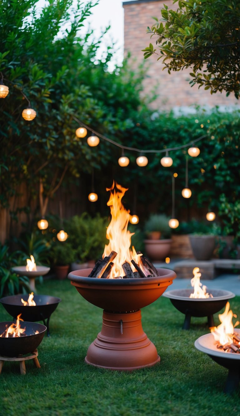 A traditional chiminea fire pit stands in a backyard surrounded by lush greenery, with 27 different outdoor fire pit ideas scattered around the space