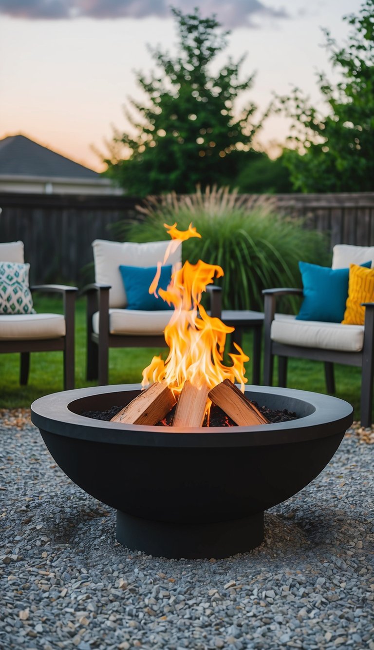 A fire bowl style fire pit sits on a gravel bed in a backyard landscape