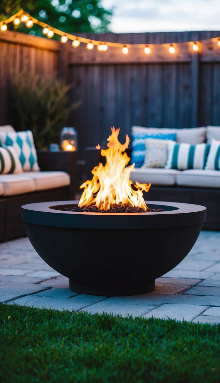 A fire pit surrounded by LED landscape lighting in a backyard setting