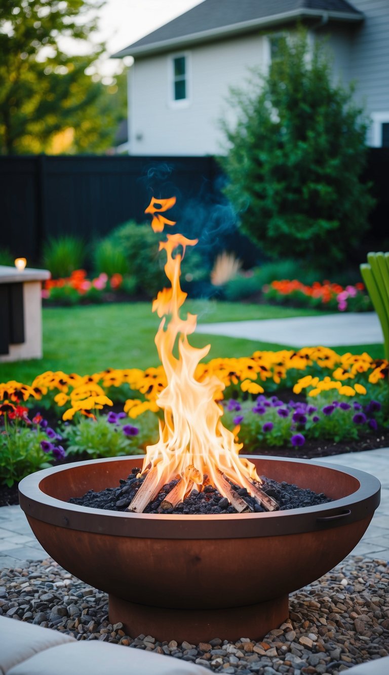 A fire pit is surrounded by vibrant flower beds in a backyard landscape