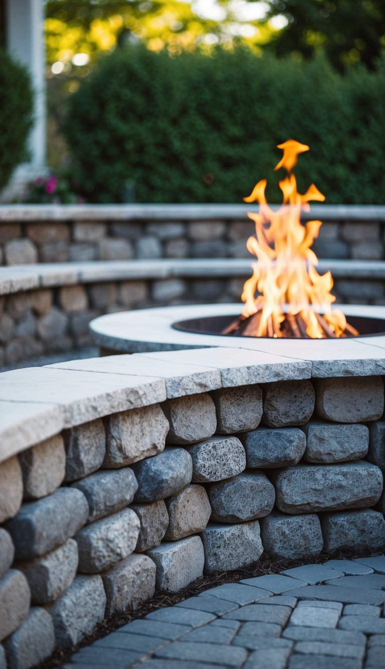A curved stone wall encloses a fire pit in a backyard landscape