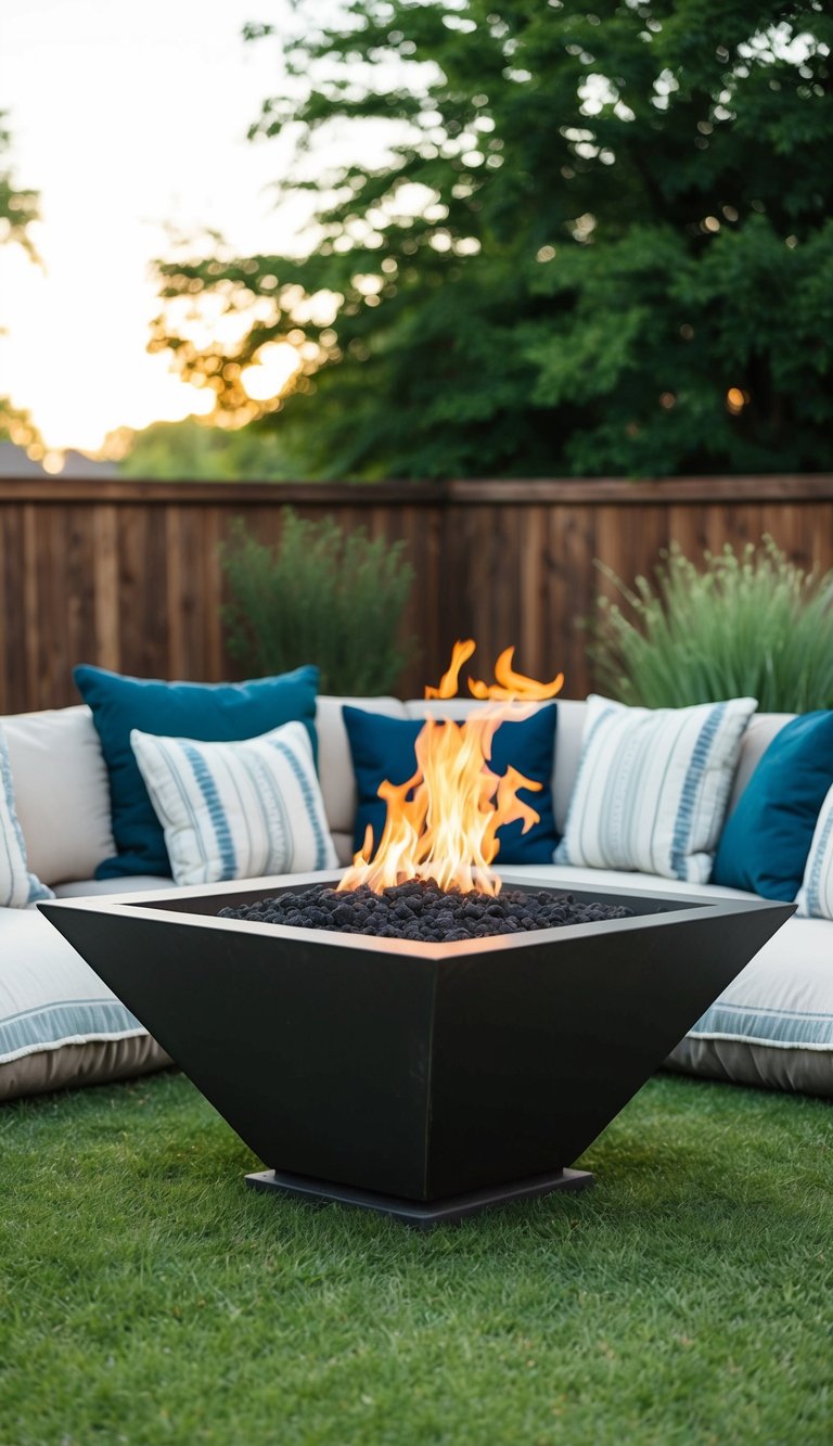 A low-profile square fire pit surrounded by cushions in a backyard landscape
