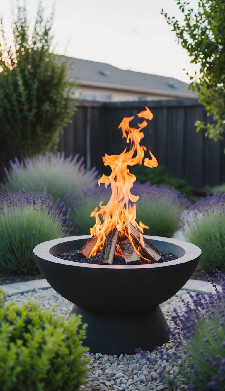 A fire pit surrounded by lavender and herbs in a backyard landscape