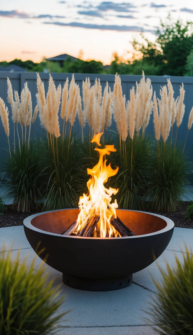 A fire pit sits surrounded by tall ornamental grasses in a backyard landscape