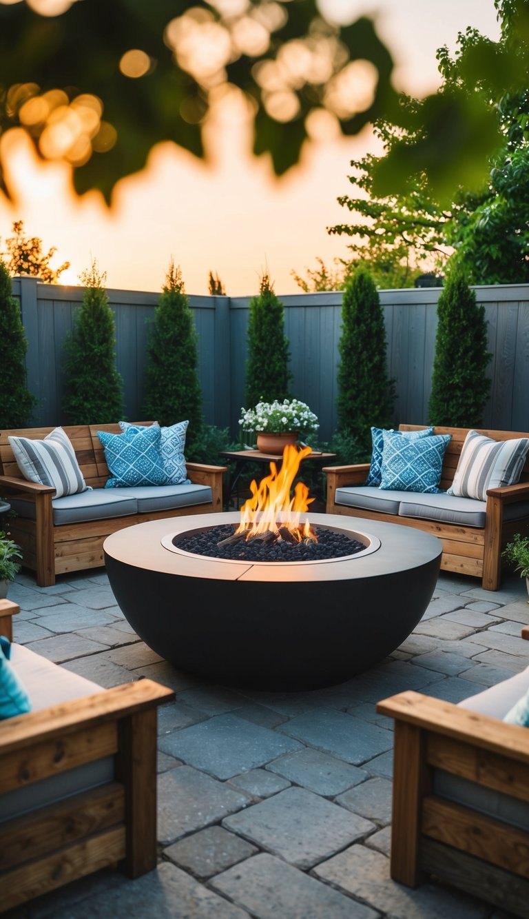 A cozy fire pit patio surrounded by reclaimed wood seating, nestled among 31 backyard landscaping ideas