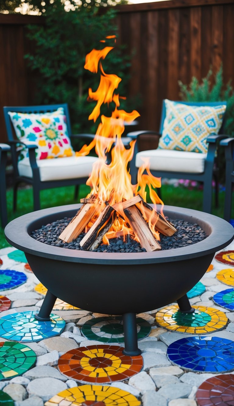 A fire pit surrounded by colorful mosaic stepping stones in a backyard landscape