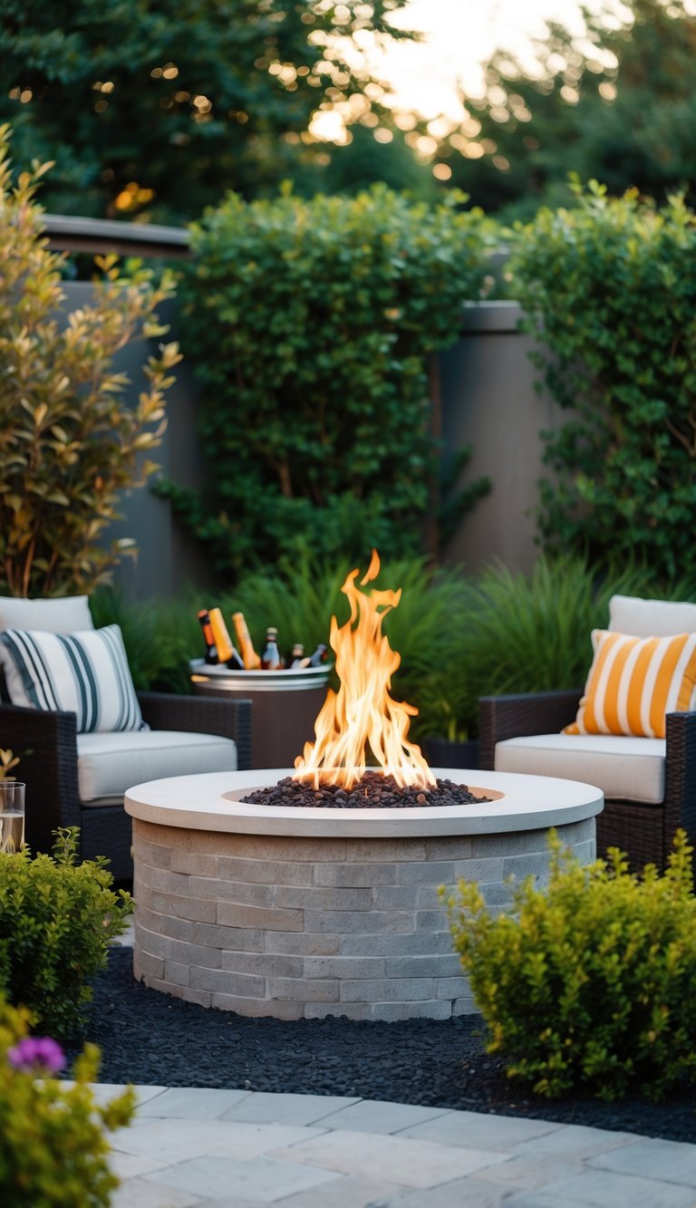 A cozy backyard fire pit surrounded by lush landscaping, with a built-in cooler for drinks nestled into the design