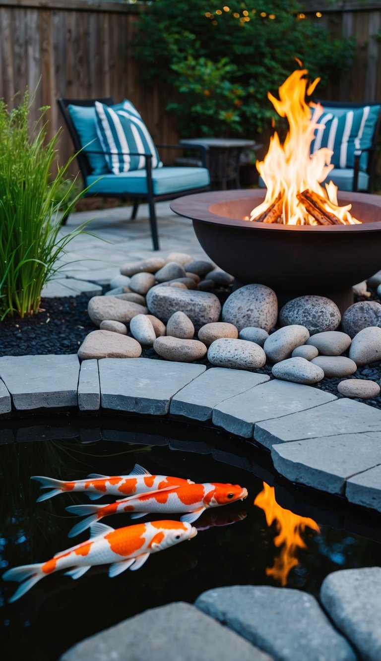 A fire pit surrounded by stones sits next to a serene koi pond in a backyard landscape