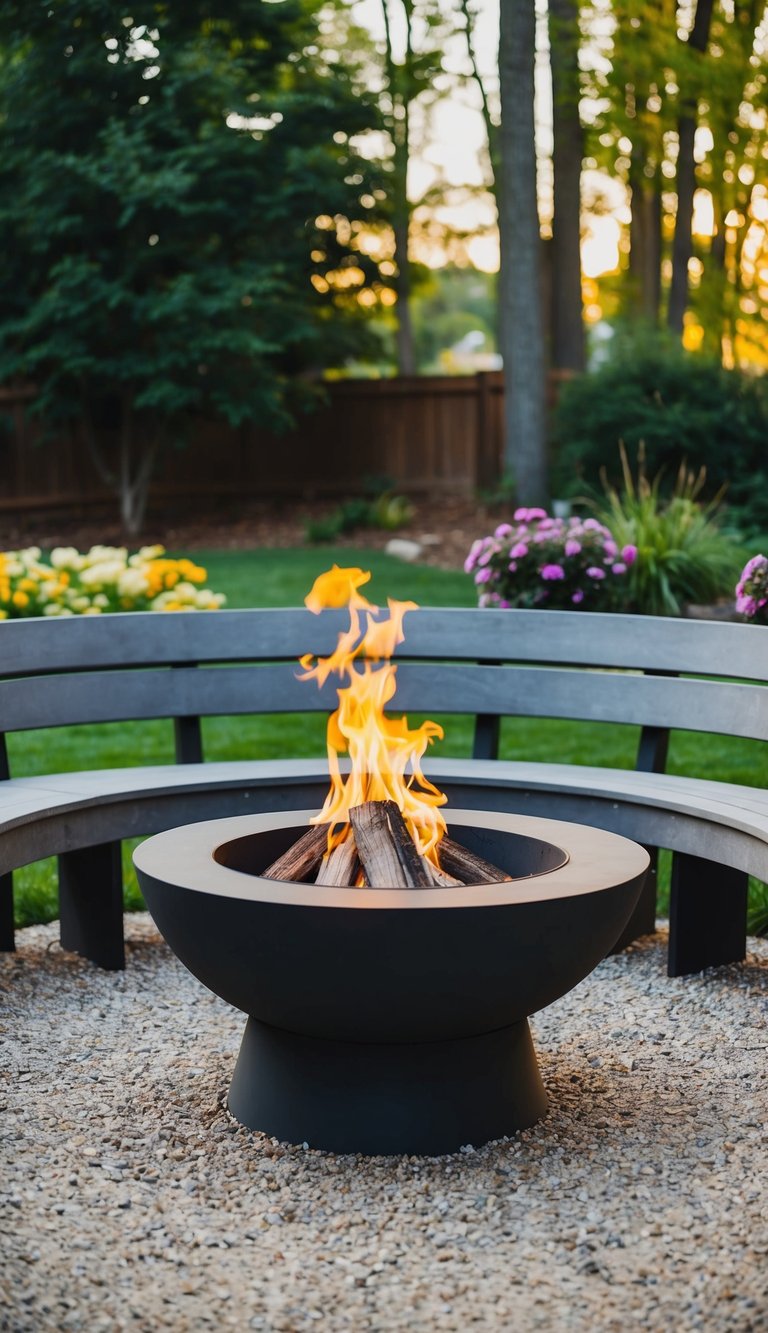 A half-moon wooden bench encircles a crackling fire pit in a backyard landscape