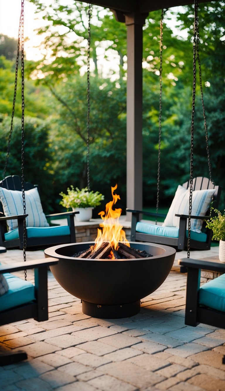 A fire pit surrounded by porch swings in a backyard landscape