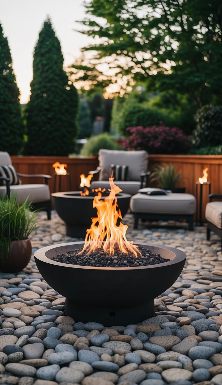 A fire pit surrounded by pebble stone flooring in a backyard landscape