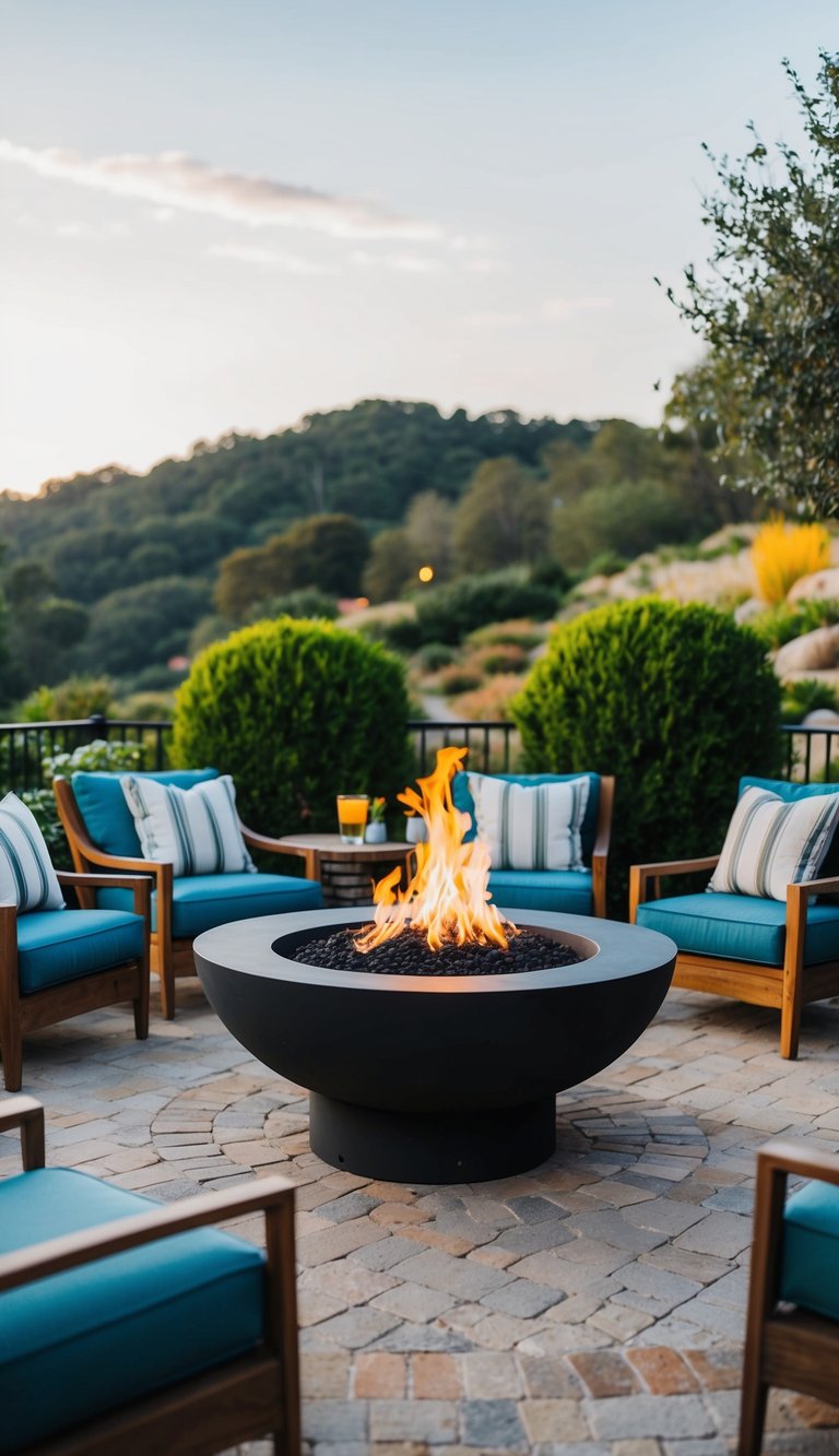 A fire pit nestled into a hillside patio, surrounded by cozy seating and lush landscaping