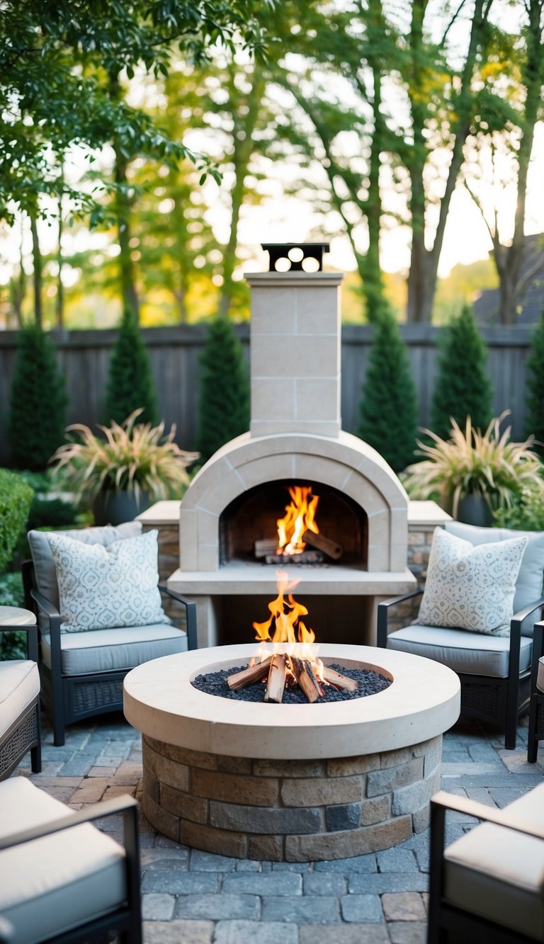 A cozy backyard fire pit with a built-in pizza oven, surrounded by lush landscaping and comfortable seating for entertaining