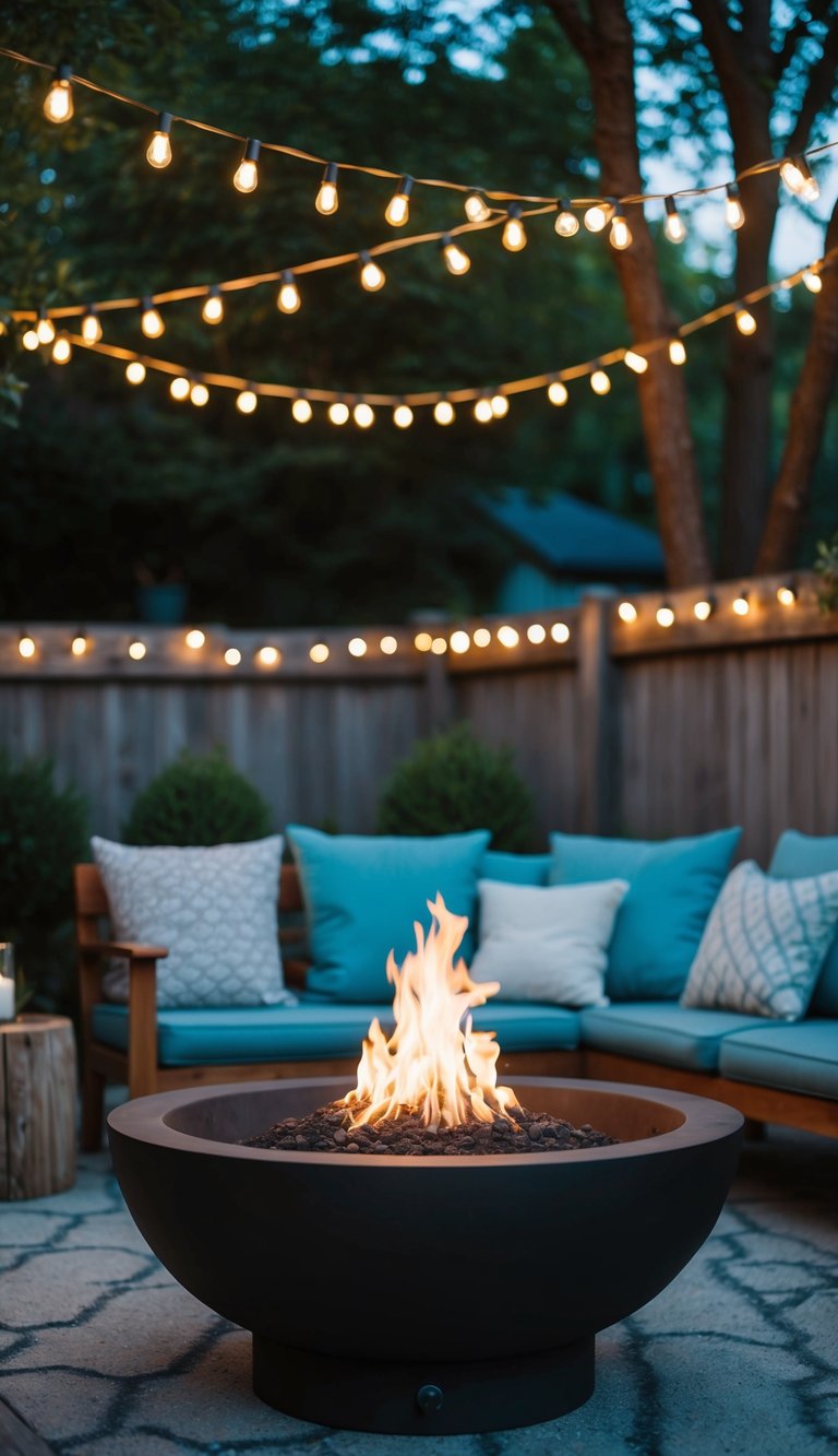 A cozy fire pit in a backyard, surrounded by twinkling string lights, creating a warm and inviting atmosphere