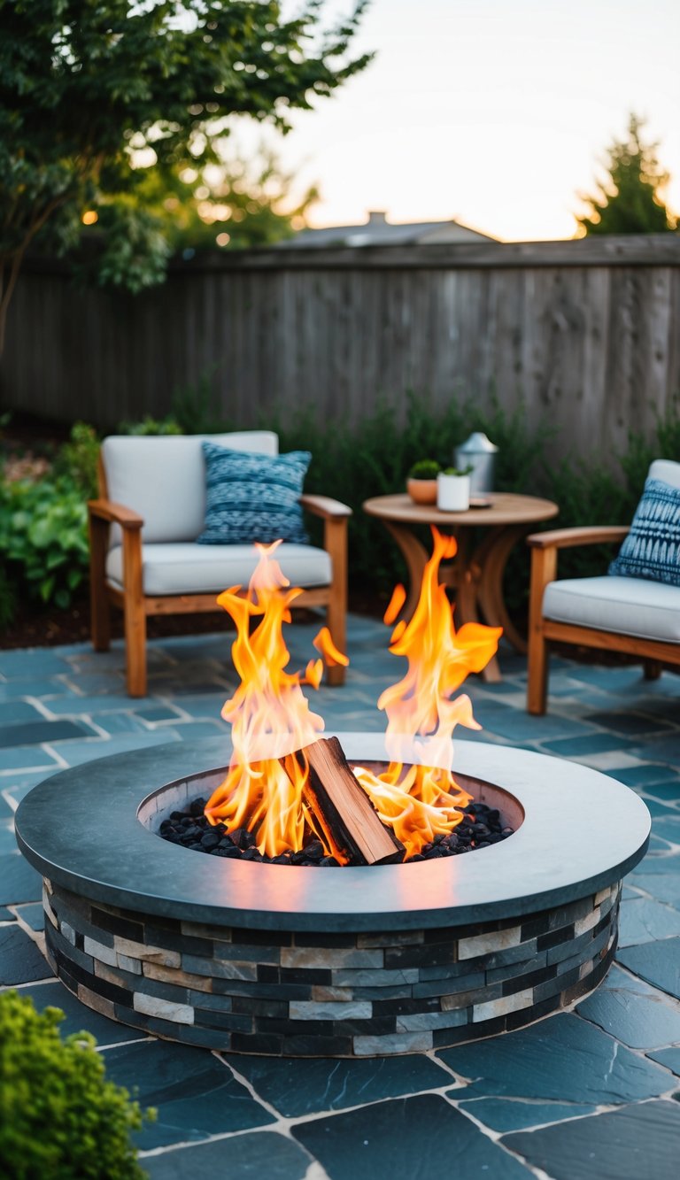 A circular fire pit surrounded by slate tiles in a backyard landscape