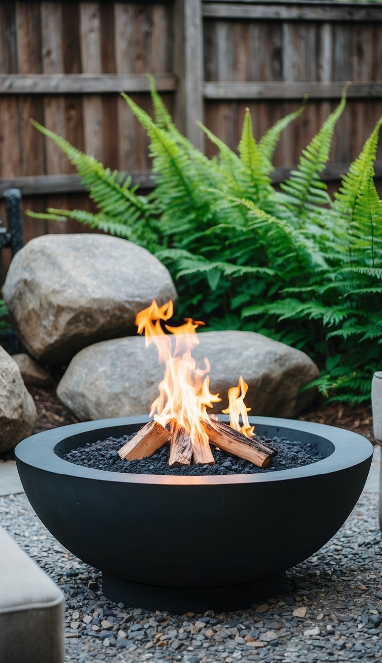 A fire pit surrounded by natural boulders and ferns in a backyard landscape