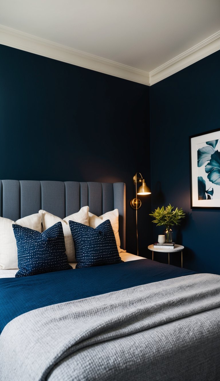 A cozy bedroom with a bold accent wall painted in deep navy, creating a dramatic and sophisticated atmosphere for a single woman