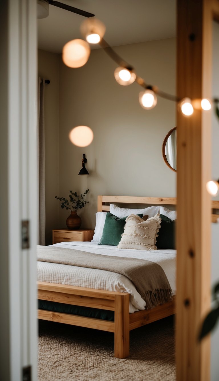 A cozy bedroom with a natural wood bed frame, earthy decor, and soft lighting
