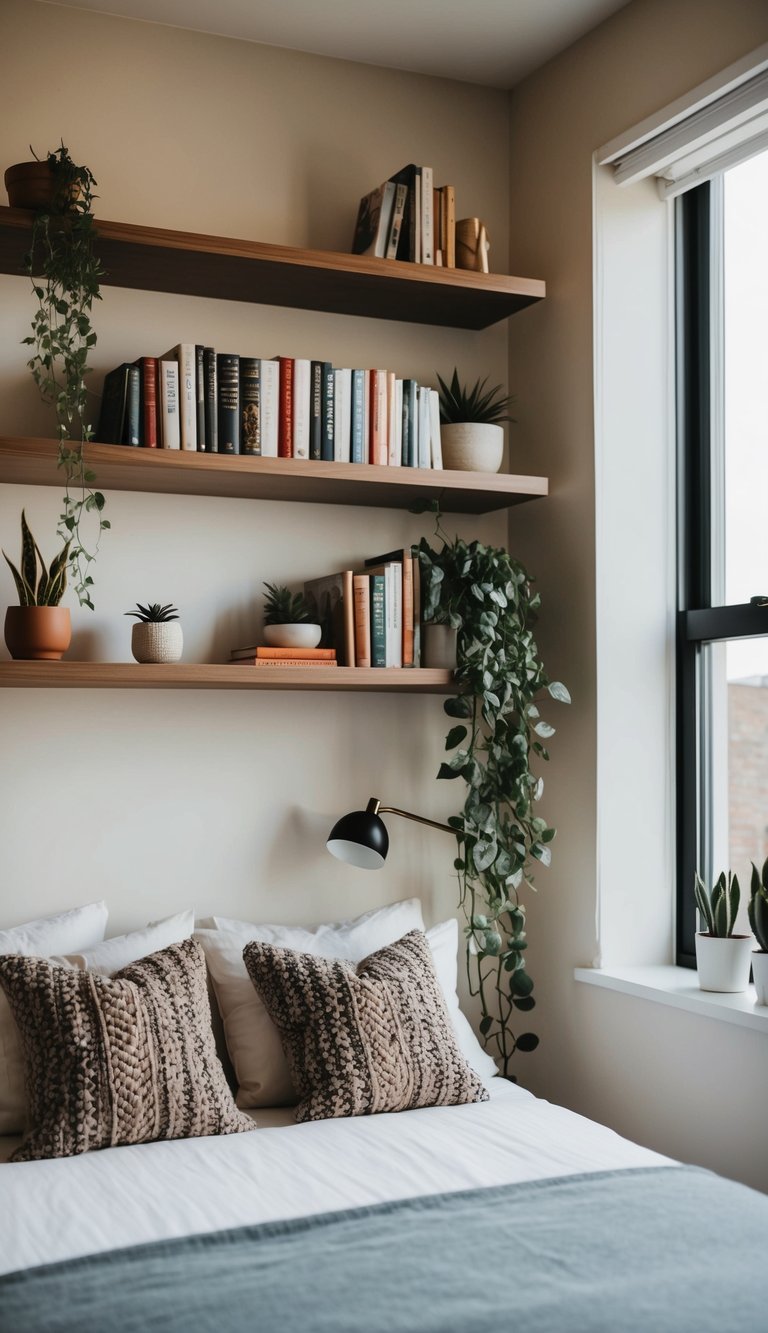 A cozy bedroom with floating shelves holding books, plants, and decorative items