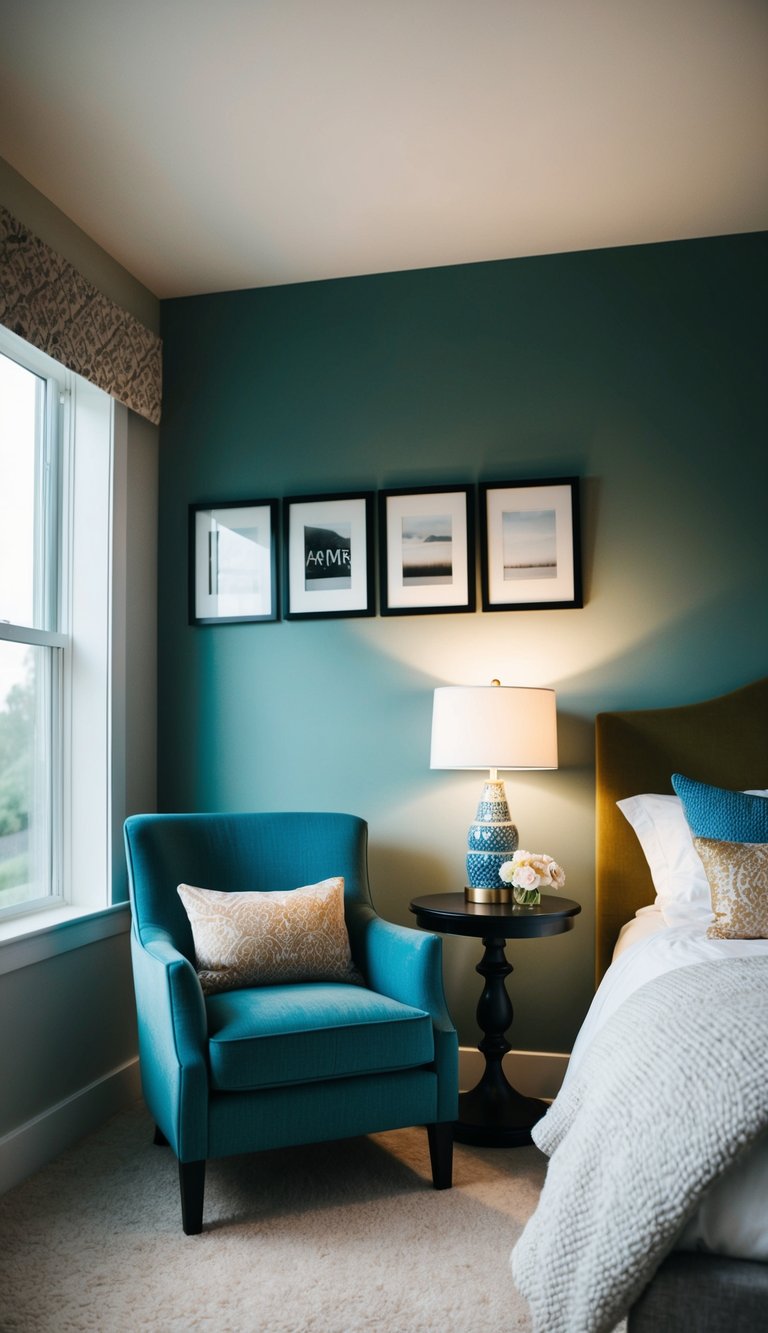 A cozy reading nook with a stylish armchair in a single woman's bedroom