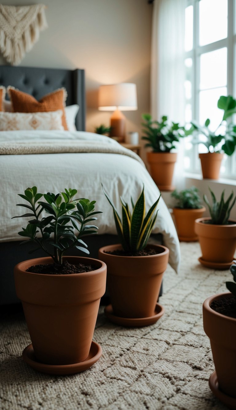 A cozy bedroom with terracotta planters scattered around, adding a warm and earthy touch to the decor