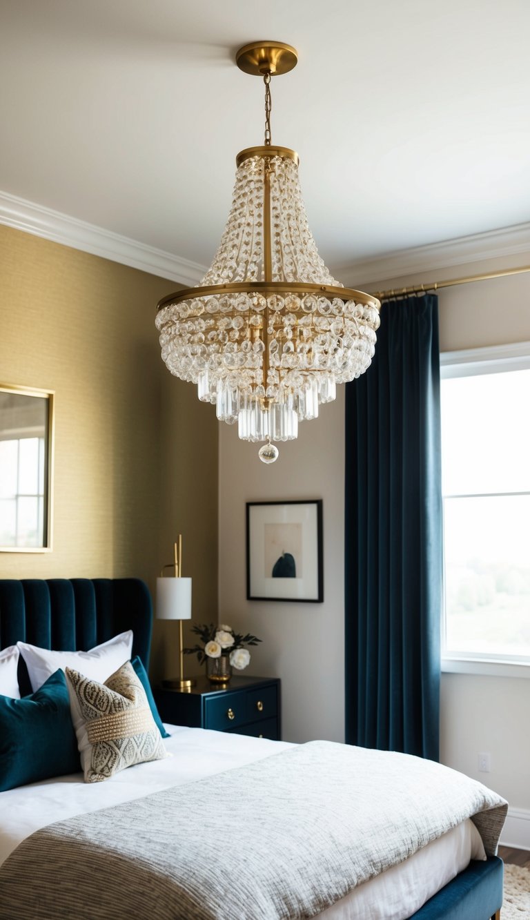 A statement chandelier in brass finish hangs above a stylish and sophisticated bedroom designed for a single woman