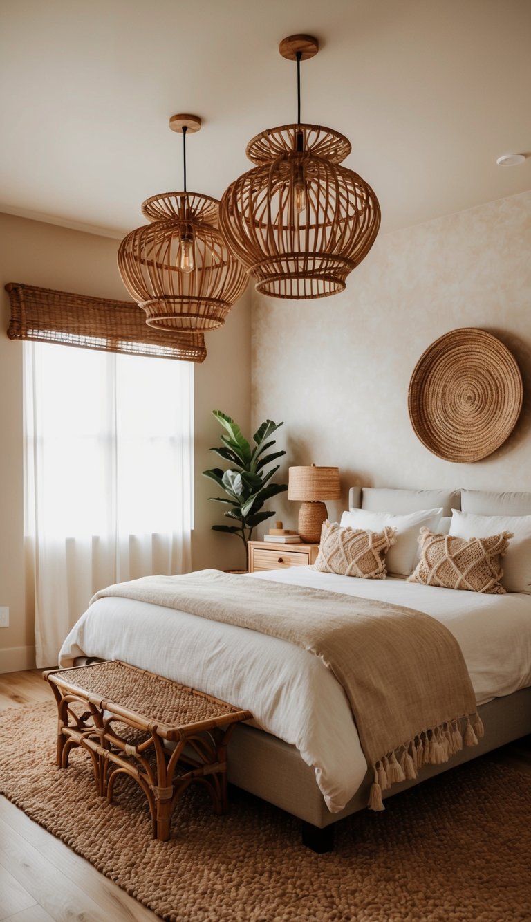 A cozy bedroom with rattan light fixtures, natural tones, and earthy textures