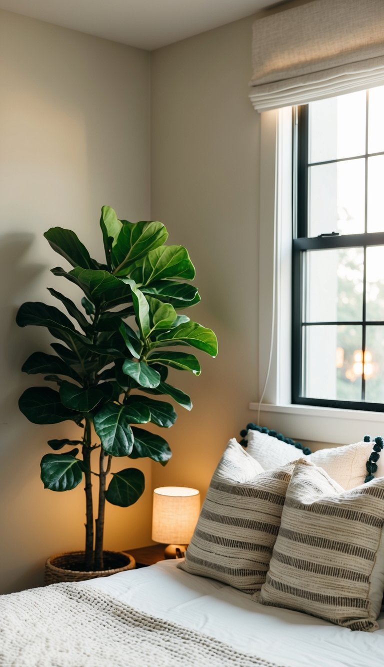 A cozy bedroom with a fiddle leaf fig plant in the corner, soft lighting, and a comfortable bed with decorative pillows