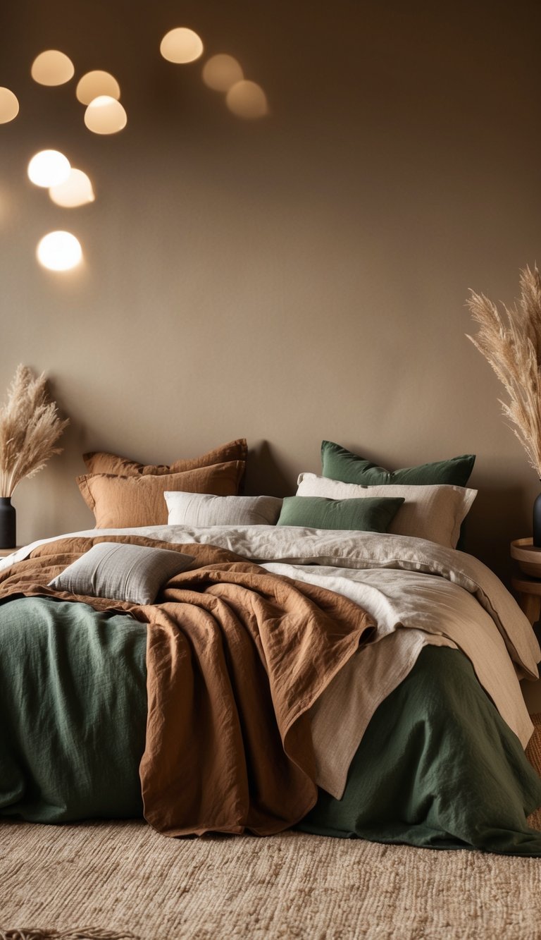 A cozy bedroom with earthy tones, featuring linen bedding sets in various shades of brown, green, and beige. The room is warm and inviting, with natural textures and a relaxed atmosphere