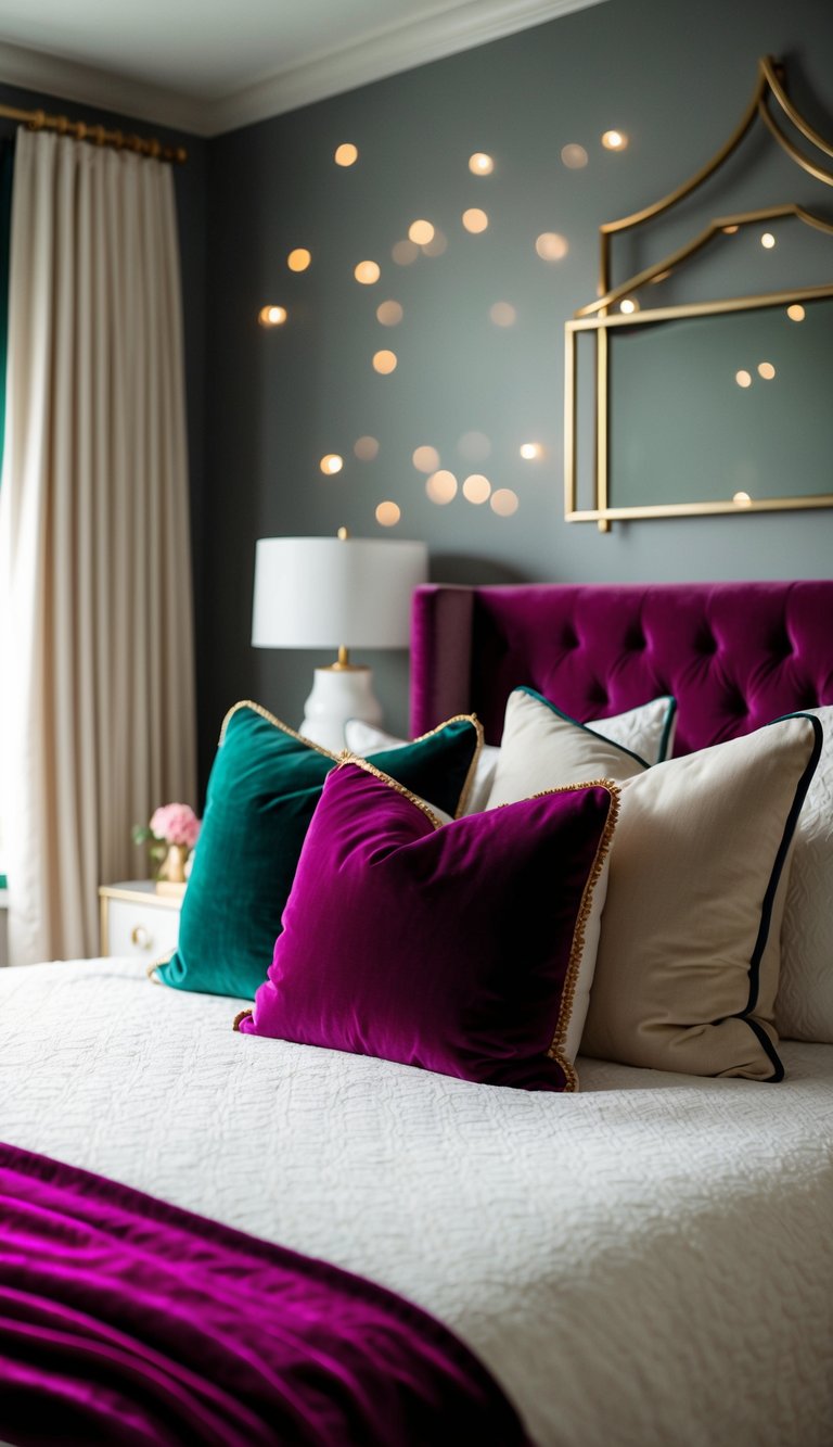 A cozy bed with jewel-toned velvet throw pillows, soft lighting, and a touch of elegance