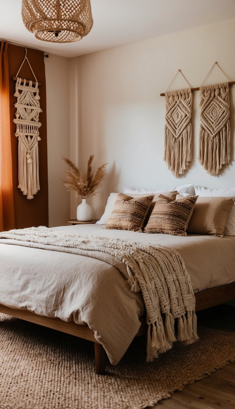 A cozy bedroom with earthy tones features macrame wall hangings and natural textures