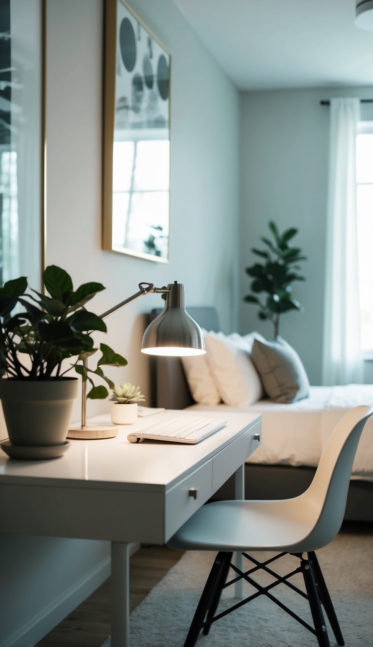 A clutter-free desk with a sleek lamp and potted plant in a serene, Scandinavian-inspired bedroom