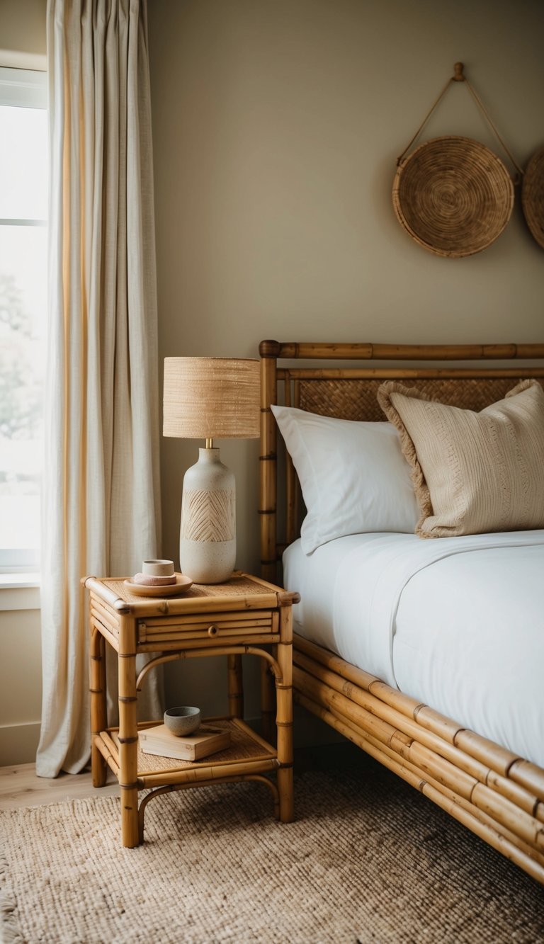 Two bamboo nightstands flank a bed in an earthy bedroom. The room features natural materials and soft, muted colors for a serene atmosphere