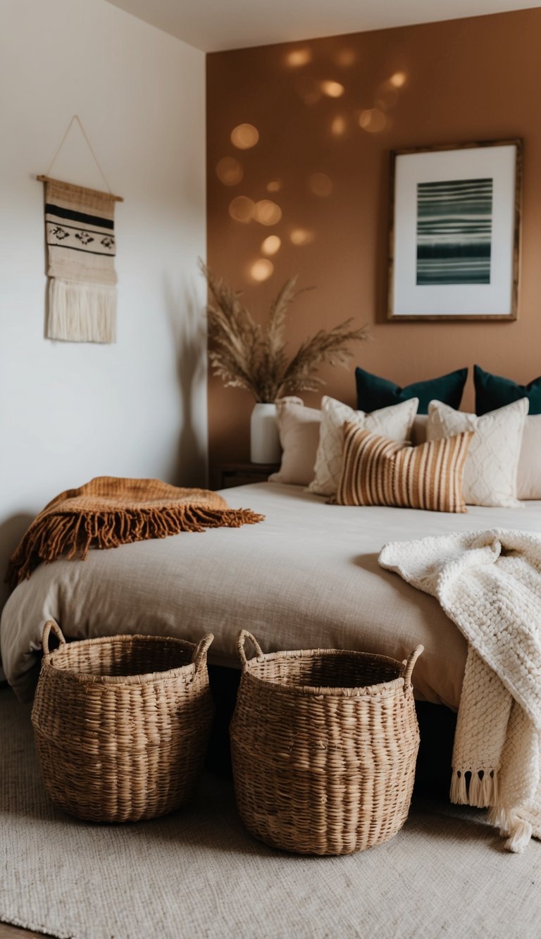 A cozy bedroom with earthy tones, featuring woven basket storage for a rustic touch