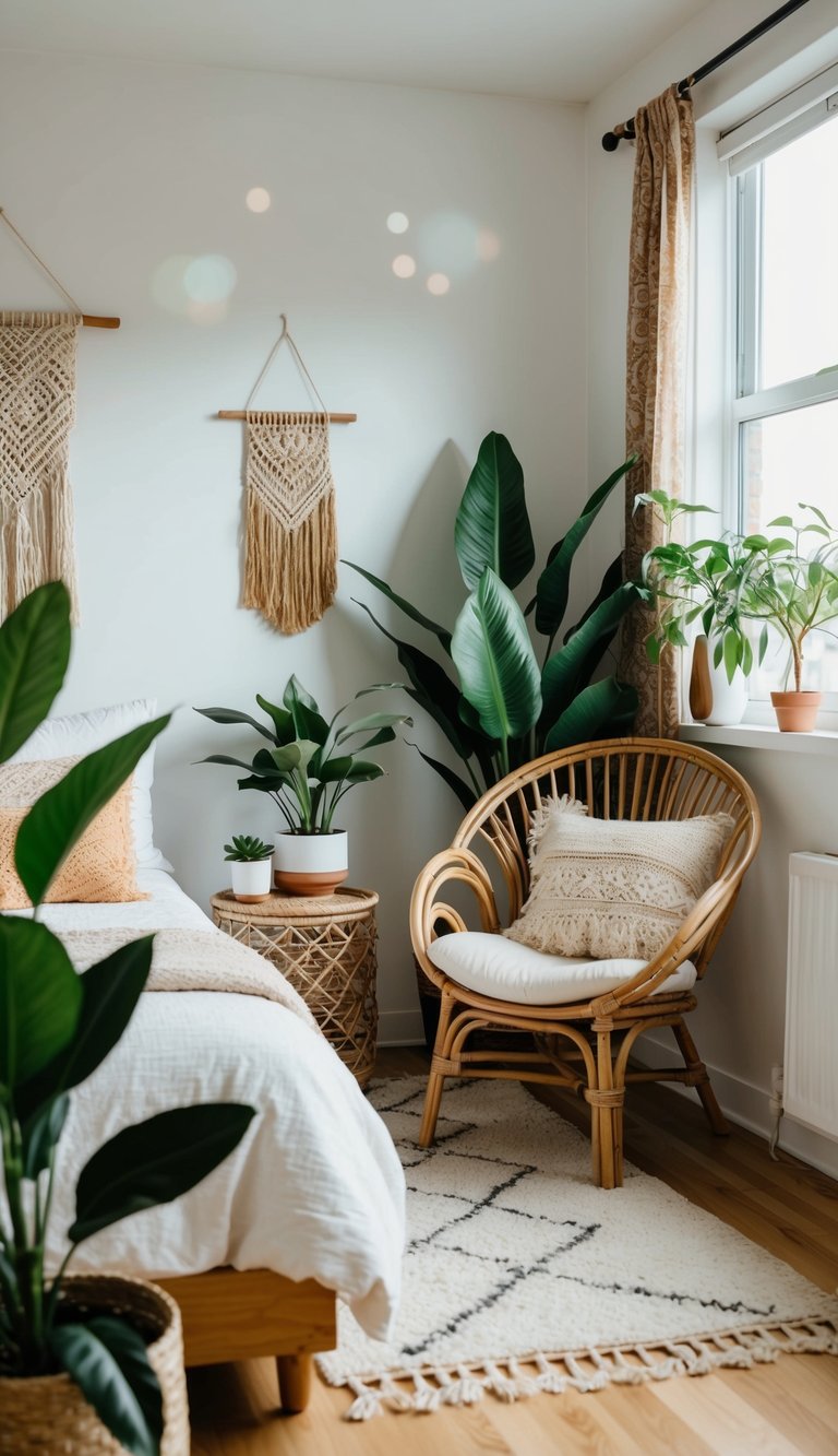 A cozy bedroom with a rattan chair, plants, and bohemian decor
