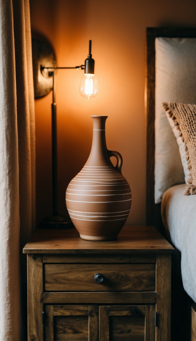 A clay vase sits on a wooden nightstand in a cozy, earth-toned bedroom with warm lighting and natural decor