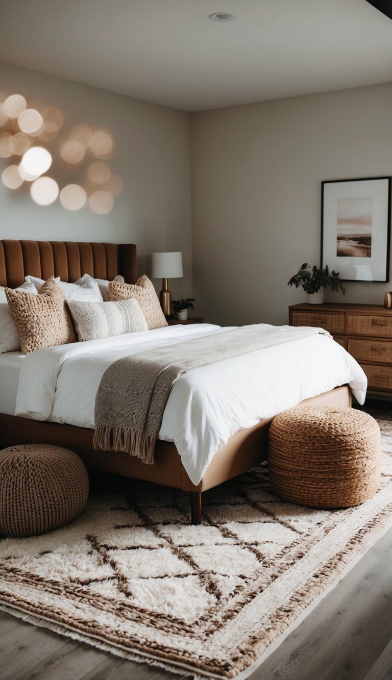 A cozy bedroom with layered area rugs for warmth and comfort