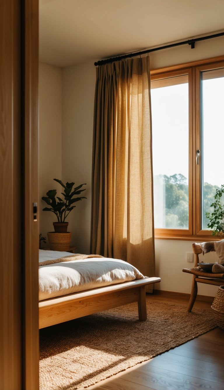 A cozy bedroom with hemp curtains, natural wood furniture, and earthy tones. Sunlight filters in through the window, casting warm shadows on the floor