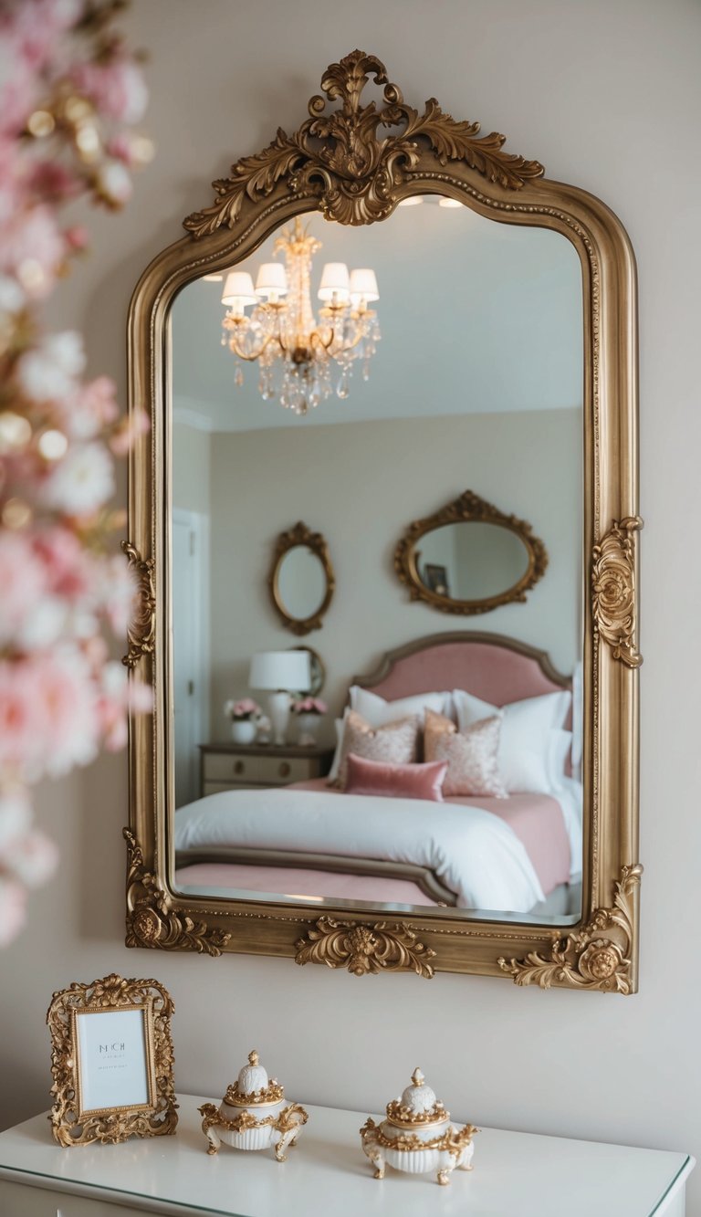 An ornate mirror reflects a stylish bedroom with feminine decor and elegant details