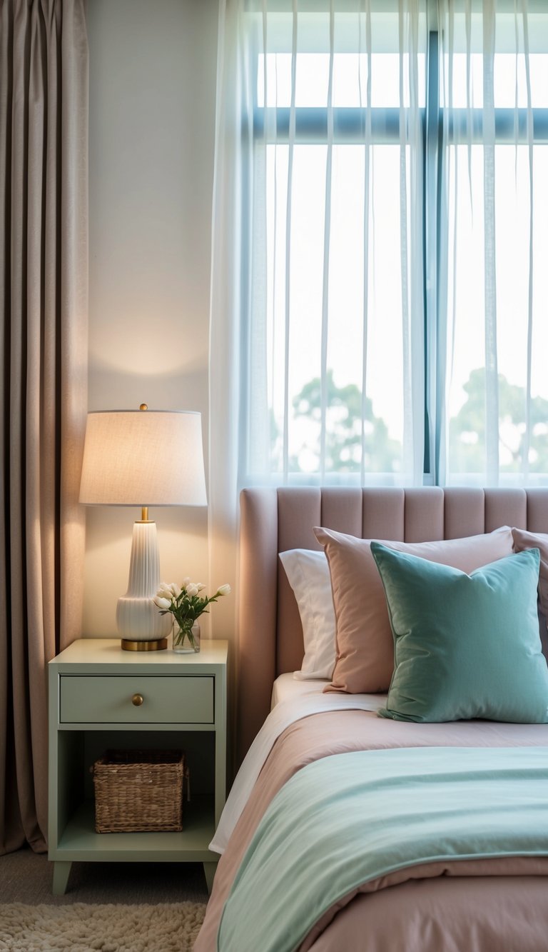 A cozy bedroom with soft pastel bedding, a nightstand with a lamp, and a window with sheer curtains