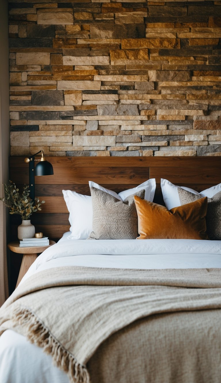 A cozy bedroom with a stone accent wall, warm earthy tones, and natural textures like wood and linen