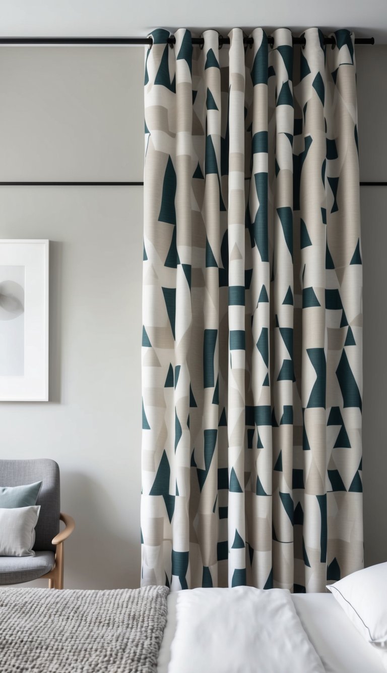 Geometric patterned curtains hang in a modern, minimalist bedroom with clean lines and neutral colors