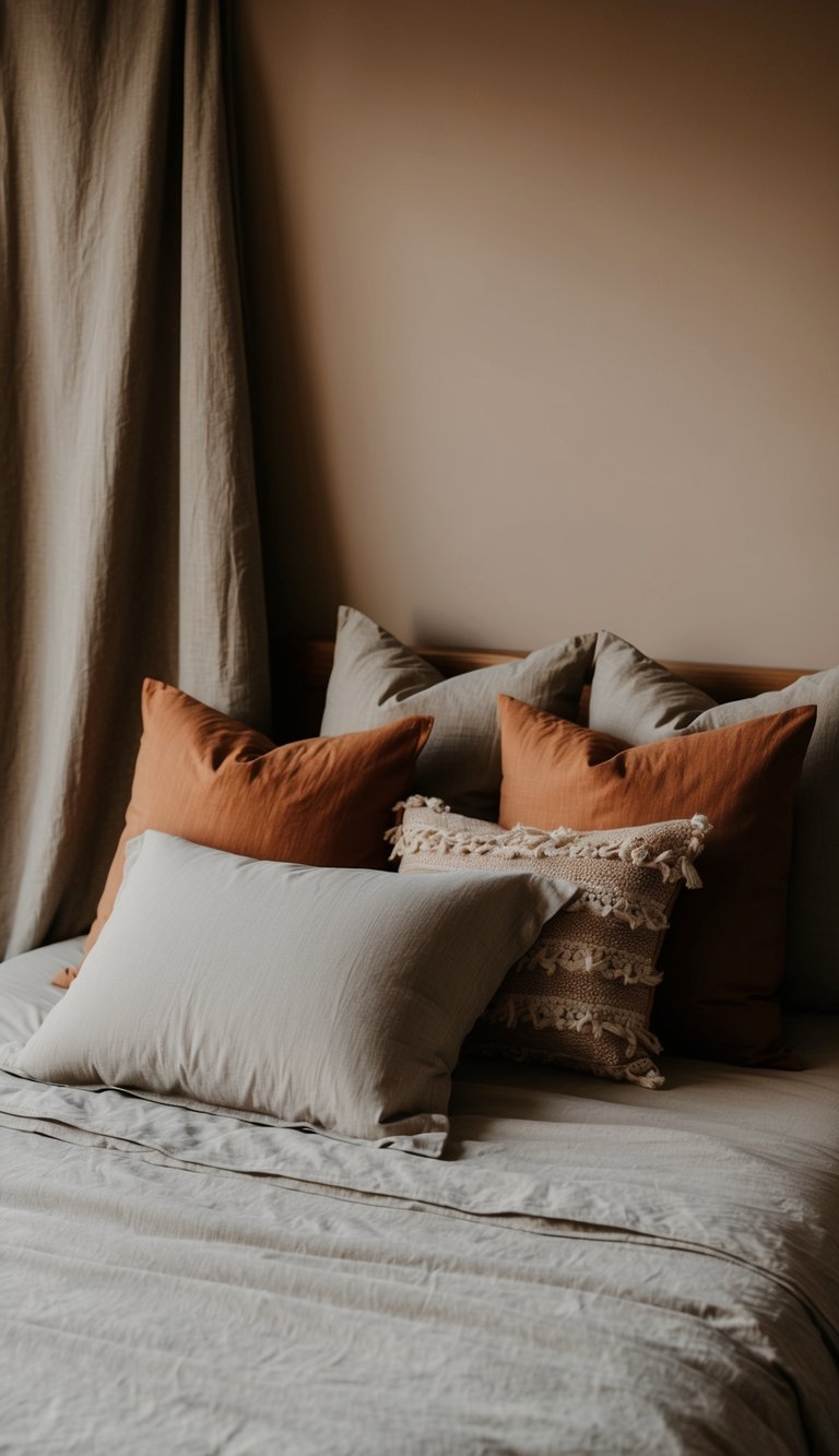 A cozy bedroom with earthy tones, featuring organic cotton sheets and natural textures