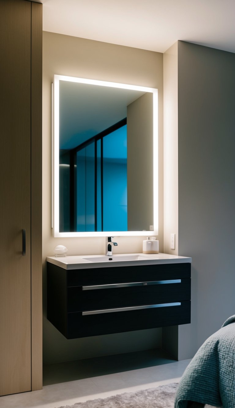 A sleek vanity with a lighted mirror sits against a wall in a modern, minimalist bedroom