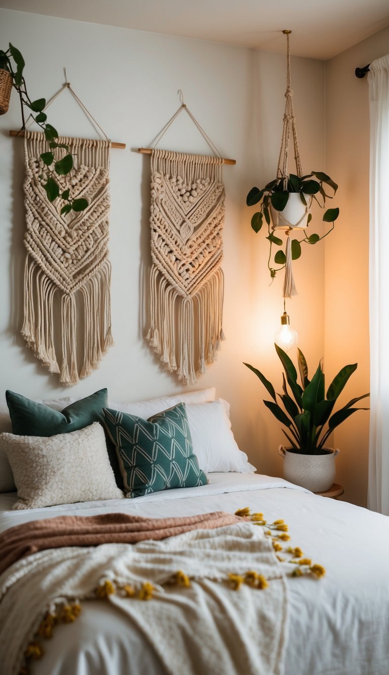 A cozy bedroom with macrame wall hangings, plants, and soft lighting