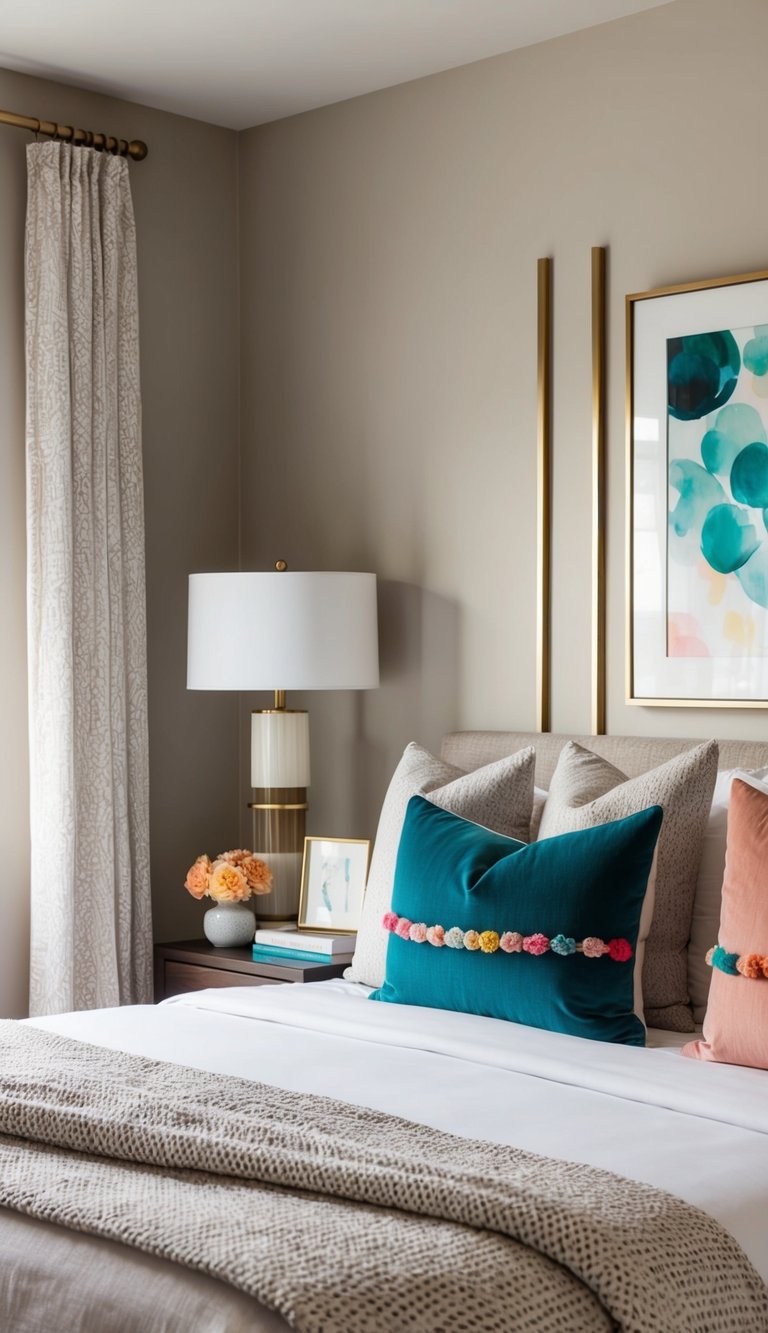 A cozy bedroom with neutral walls and furniture accented by pops of color in the form of throw pillows, artwork, and decorative objects
