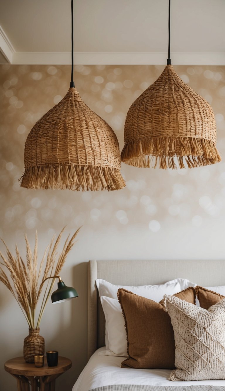 A cozy bedroom with seagrass pendant lamps hanging above a natural, earthy decor